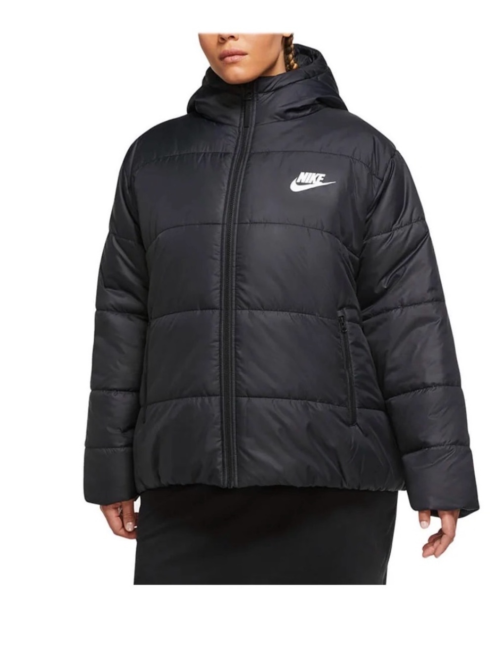 Nike Women's Black Hooded Puffer Jacket with White Logo